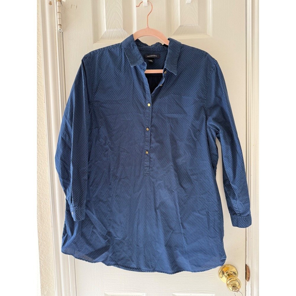 Lands' End Women's Blue Polka Dot‎ Long Sleeve Button Down Tunic Top Sz 16